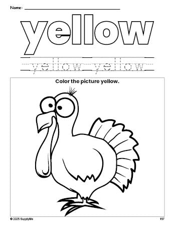 Free Thanksgiving turkey color yellow coloring page and color worksheet, yellow worksheet for preschoolers to learn colors, printable PDF