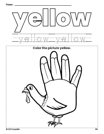 Free Thanksgiving turkey color yellow coloring page and color worksheet, yellow worksheet for preschoolers to learn colors, printable PDF