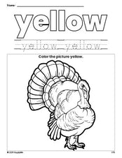 Free Thanksgiving turkey color yellow coloring page and color worksheet, yellow worksheet for preschoolers to learn colors, printable PDF