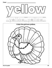 Free Thanksgiving turkey color yellow coloring page and color worksheet, yellow worksheet for preschoolers to learn colors, printable PDF