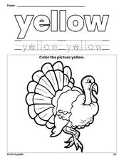 Free Thanksgiving turkey color yellow coloring page and color worksheet, yellow worksheet for preschoolers to learn colors, printable PDF