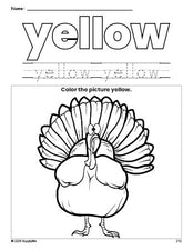 Free Thanksgiving turkey color yellow coloring page and color worksheet, yellow worksheet for preschoolers to learn colors, printable PDF