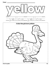 Free Thanksgiving turkey color yellow coloring page and color worksheet, yellow worksheet for preschoolers to learn colors, printable PDF