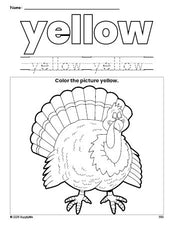 Free Thanksgiving turkey color yellow coloring page and color worksheet, yellow worksheet for preschoolers to learn colors, printable PDF