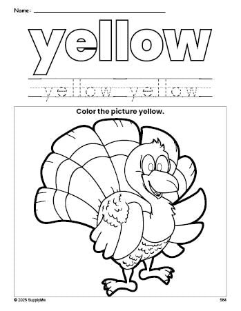 Free Thanksgiving turkey color yellow coloring page and color worksheet, yellow worksheet for preschoolers to learn colors, printable PDF