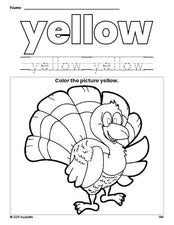 Free Thanksgiving turkey color yellow coloring page and color worksheet, yellow worksheet for preschoolers to learn colors, printable PDF