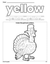 Free Thanksgiving turkey color yellow coloring page and color worksheet, yellow worksheet for preschoolers to learn colors, printable PDF