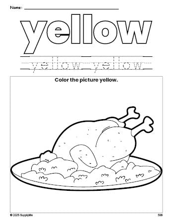 Free Thanksgiving turkey color yellow coloring page and color worksheet, yellow worksheet for preschoolers to learn colors, printable PDF