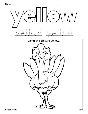 Free Thanksgiving turkey color yellow coloring page and color worksheet, yellow worksheet for preschoolers to learn colors, printable PDF