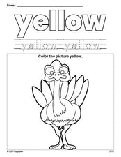 Free Thanksgiving turkey color yellow coloring page and color worksheet, yellow worksheet for preschoolers to learn colors, printable PDF