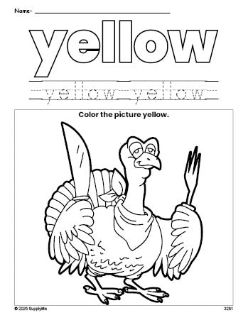 Free Thanksgiving turkey color yellow coloring page and color worksheet, yellow worksheet for preschoolers to learn colors, printable PDF