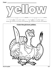 Free Thanksgiving turkey color yellow coloring page and color worksheet, yellow worksheet for preschoolers to learn colors, printable PDF