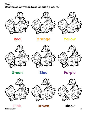 Free Thanksgiving turkey coloring page and color worksheet for preschoolers to learn colors, printable PDF