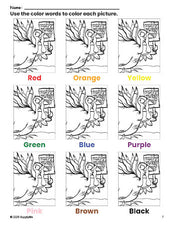 Free Thanksgiving turkey coloring page and color worksheet for preschoolers to learn colors, printable PDF