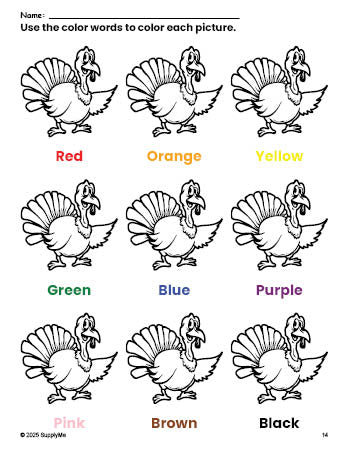 Free Thanksgiving turkey coloring page and color worksheet for preschoolers to learn colors, printable PDF