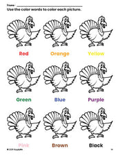 Free Thanksgiving turkey coloring page and color worksheet for preschoolers to learn colors, printable PDF