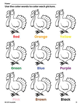 Free Thanksgiving turkey coloring page and color worksheet for preschoolers to learn colors, printable PDF