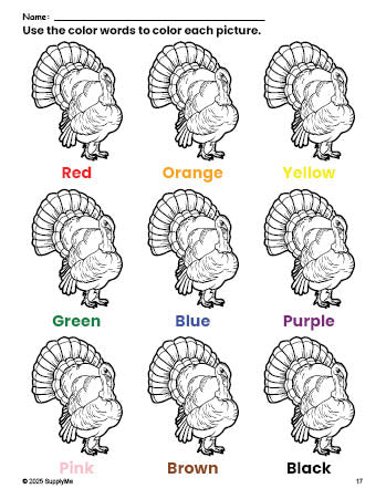 Free Thanksgiving turkey coloring page and color worksheet for preschoolers to learn colors, printable PDF