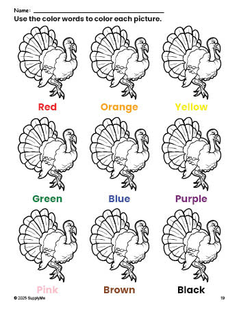 Free Thanksgiving turkey coloring page and color worksheet for preschoolers to learn colors, printable PDF