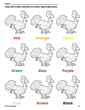 Free Thanksgiving turkey coloring page and color worksheet for preschoolers to learn colors, printable PDF