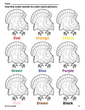 Free Thanksgiving turkey coloring page and color worksheet for preschoolers to learn colors, printable PDF