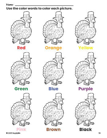 Free Thanksgiving turkey coloring page and color worksheet for preschoolers to learn colors, printable PDF