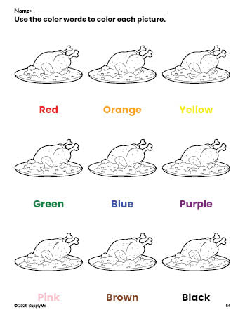 Free Thanksgiving turkey coloring page and color worksheet for preschoolers to learn colors, printable PDF