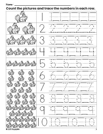 Free printable Thanksgiving turkey counting worksheet for preschool and pre-k with number tracing practice 1-10, PDF