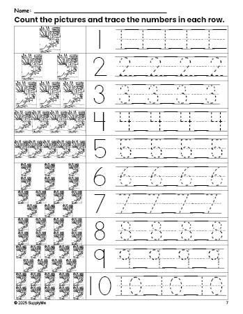 Free printable Thanksgiving turkey counting worksheet for preschool and pre-k with number tracing practice 1-10, PDF