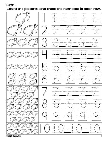 Free printable Thanksgiving turkey counting worksheet for preschool and pre-k with number tracing practice 1-10, PDF