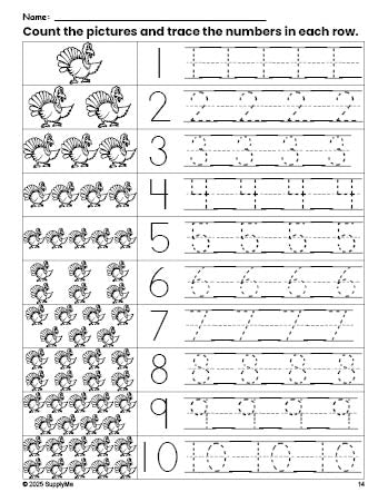 Free printable Thanksgiving turkey counting worksheet for preschool and pre-k with number tracing practice 1-10, PDF