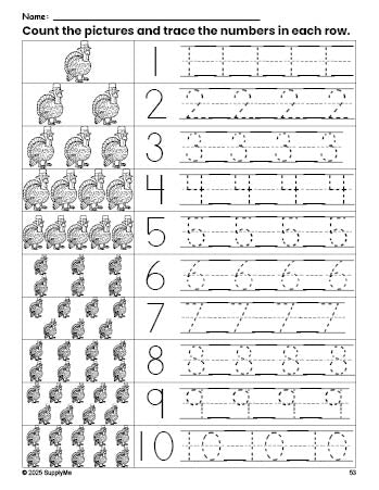 Free printable Thanksgiving turkey counting worksheet for preschool and pre-k with number tracing practice 1-10, PDF