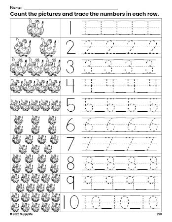 Free printable Thanksgiving turkey counting worksheet for preschool and pre-k with number tracing practice 1-10, PDF