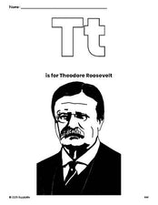 Free printable Theodore Roosevelt Presidents' Day coloring page, letter t coloring page for preschool, pre-k, and kindergarten, PDF