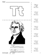 Free printable Thomas Jefferson Presidents' Day coloring page and cursive letter tracing worksheet, letter t worksheet for preschool, pre-k, and kindergarten, PDF