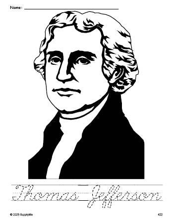 Free printable Thomas Jefferson Presidents' Day coloring page and cursive word tracing worksheet, perfect for preschool, pre-k, and kindergarten, PDF