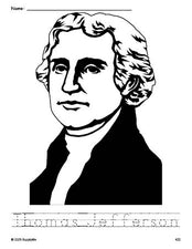 Free printable Thomas Jefferson Presidents' Day coloring page and word tracing worksheet, perfect for preschool, pre-k, and kindergarten, PDF