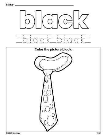 Free tie color black coloring page and color worksheet, black worksheet for preschoolers to learn colors, printable PDF