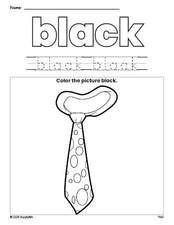 Free tie color black coloring page and color worksheet, black worksheet for preschoolers to learn colors, printable PDF