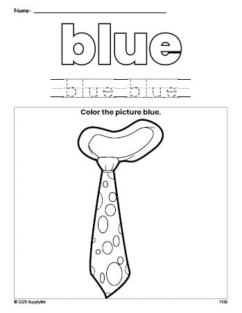 Free tie color blue coloring page and color worksheet, blue worksheet for preschoolers to learn colors, printable PDF