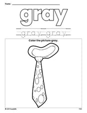 Free tie color gray coloring page and color worksheet, gray worksheet for preschoolers to learn colors, printable PDF