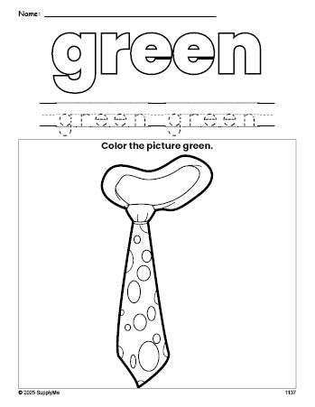 Free tie color green coloring page and color worksheet, green worksheet for preschoolers to learn colors, printable PDF