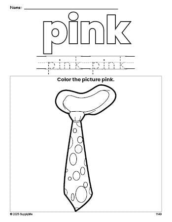 Free tie color pink coloring page and color worksheet, pink worksheet for preschoolers to learn colors, printable PDF