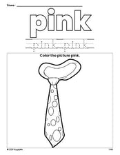 Free tie color pink coloring page and color worksheet, pink worksheet for preschoolers to learn colors, printable PDF