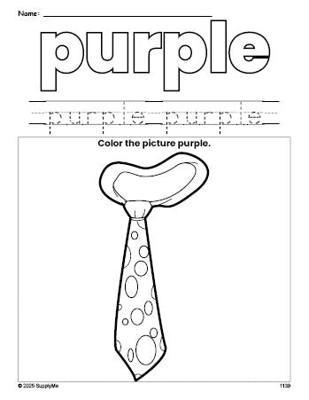 Free tie color purple coloring page and color worksheet, purple worksheet for preschoolers to learn colors, printable PDF