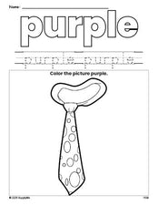 Free tie color purple coloring page and color worksheet, purple worksheet for preschoolers to learn colors, printable PDF