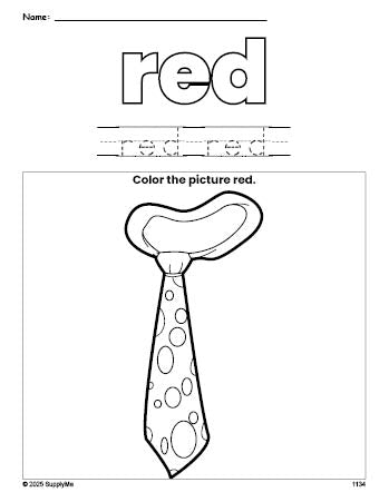 Free tie color red coloring page and color worksheet, red worksheet for preschoolers to learn colors, printable PDF