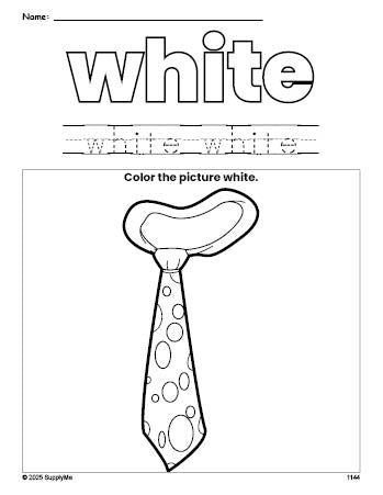 Free tie color white coloring page and color worksheet, white worksheet for preschoolers to learn colors, printable PDF