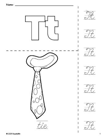 Free printable tie coloring page and cursive letter tracing worksheet, letter t worksheet for preschool, pre-k, and kindergarten, PDF