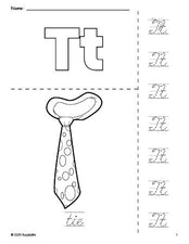 Free printable tie coloring page and cursive letter tracing worksheet, letter t worksheet for preschool, pre-k, and kindergarten, PDF